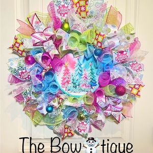 Handmade Bright Merry Christmas Holiday Ribbon Door Wreath 22 ins W52 Pink Blue